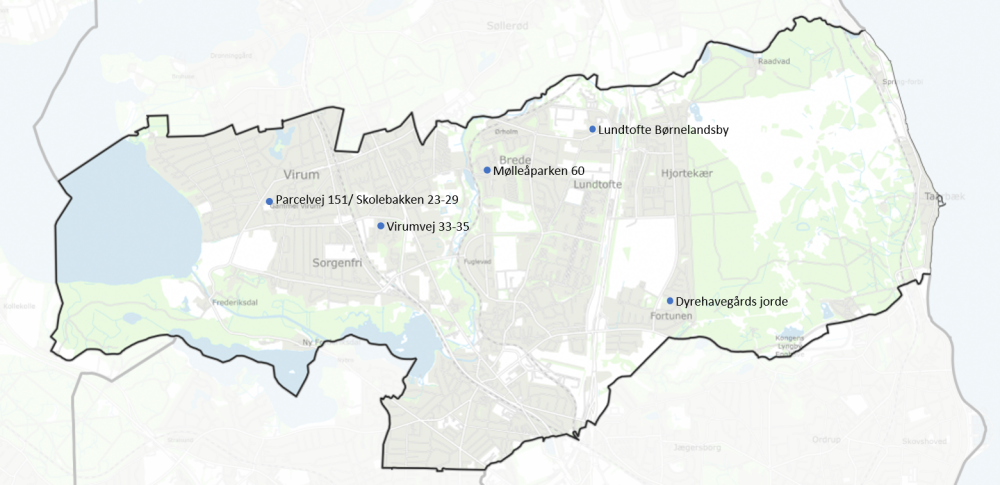Billedet viser et kort over placeringen af nye daginstitutioner i Lyngby-Taarbæk Kommune